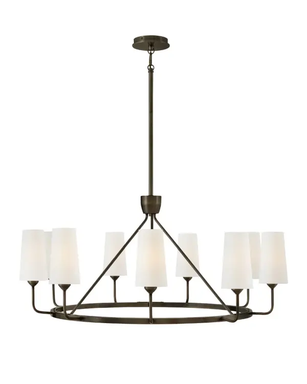 Lewis offers traditional charm paired with updated, transitional elements. Tall natural paper shades feature fine stitching detail against a Heritage Brass or Black Oxide finish to enhance timeless interiors.
