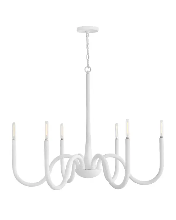 A breath of coastal freshness, Maris effortlessly complements any living or dining space. Exaggerated, curved arms with exposed candelabra lamps radiate from Maris’s center, evoking a formal silhouette. A white Textured Plaster finish imparts a chic, Californian feel.
