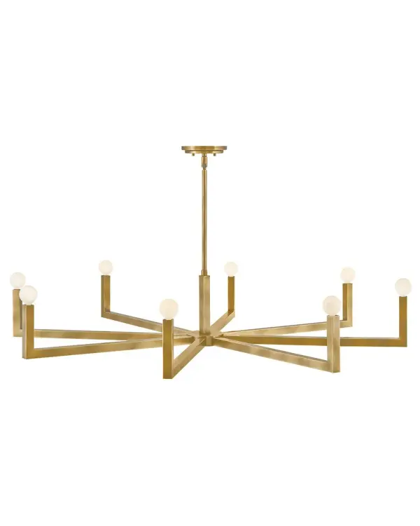 The Ezra LED Chandelier delivers dramatic scale and architectural presence with its 50-inch square frame and sharp geometric lines. Heritage Brass finish adds warmth while the industrial silhouette keeps it contemporary.
