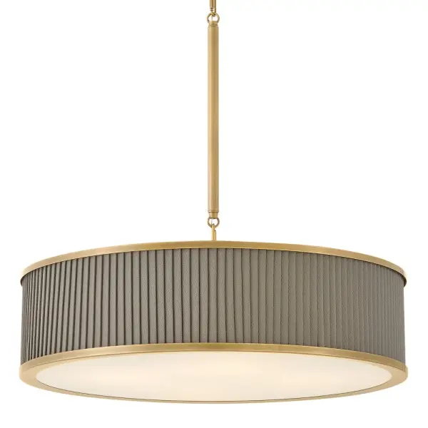The Arden LED Chandelier combines classic sophistication with modern efficiency. Its pleated faux leather drum shade and Heritage Brass finish create a refined focal point, while integrated LED lighting and etched glass provide warm, inviting illumination perfect for dining and living spaces. - alternate view