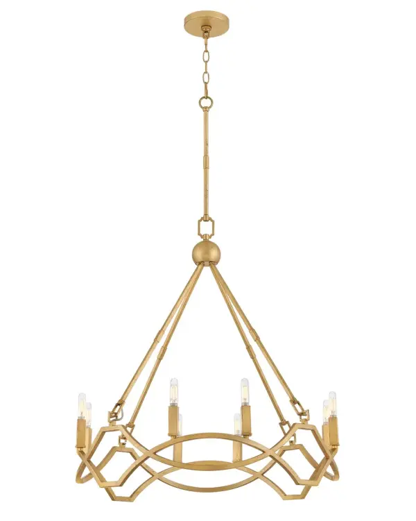 Leona’s decorative scrollwork is crafted from a gently curved, smoothly welded frame finished in hand-leafed Distressed Brass. Clean shapes complemented by exposed candelabra lamps create a family of formal fixtures with undeniable charm.