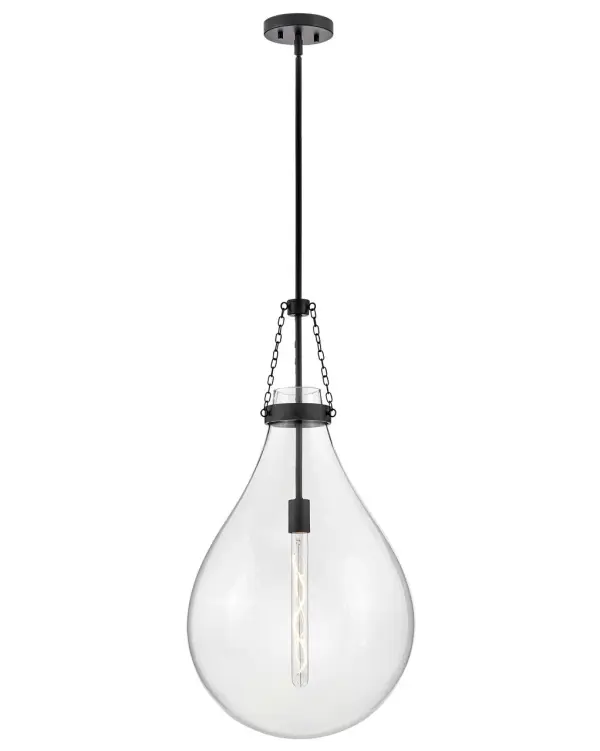 Eloise is bold and balanced with a compelling silhouette that is the definition of “statement-making.” Clear, raindrop-shaped glass is further enhanced by the delicate chain detailing to finish off a truly eye-catching fixture. Eloise adds to any transitional, modern, or traditional space.
