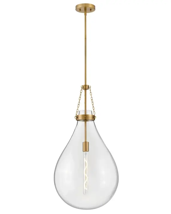 The Eloise LED Pendant combines a striking raindrop-shaped clear glass shade with delicate chain detailing and warm lacquered brass finish. Its balanced silhouette makes it a true statement piece that works across transitional, modern, and traditional interiors.