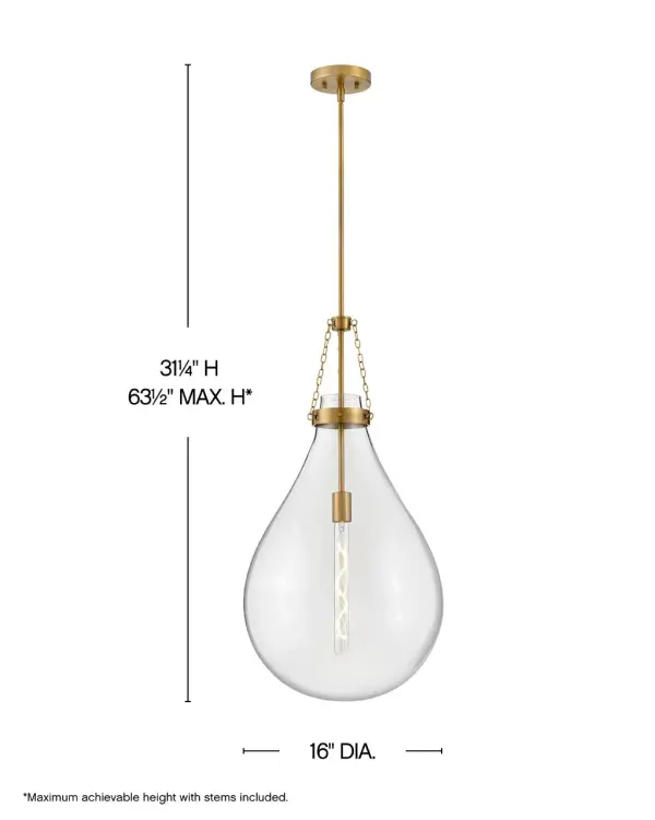 The Eloise LED Pendant combines a striking raindrop-shaped clear glass shade with delicate chain detailing and warm lacquered brass finish. Its balanced silhouette makes it a true statement piece that works across transitional, modern, and traditional interiors. - alternate view