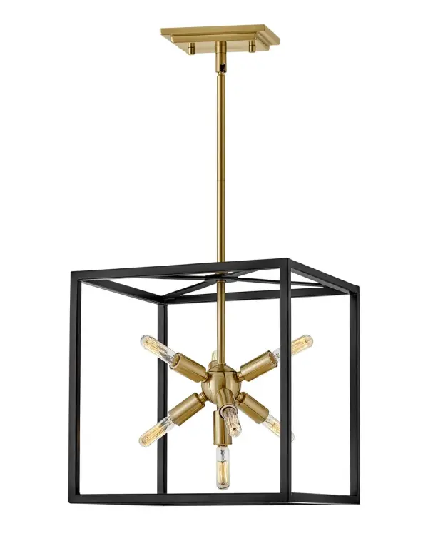 The striking Aros pendant showcases a provocative mid-century modern starburst cluster in a luxurious Warm Brass or Polished Nickel framed by an articulating, angular cage in prominent Black. For added drama, the sophisticated pendants dazzle with dimension to fill unique spaces or higher ceilings. Aros is part of the Lisa McDennon Collection.