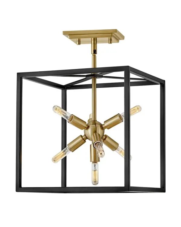 The striking Aros pendant showcases a provocative mid-century modern starburst cluster in a luxurious Warm Brass or Polished Nickel framed by an articulating, angular cage in prominent Black. For added drama, the sophisticated pendants dazzle with dimension to fill unique spaces or higher ceilings. Aros is part of the Lisa McDennon Collection. - alternate view