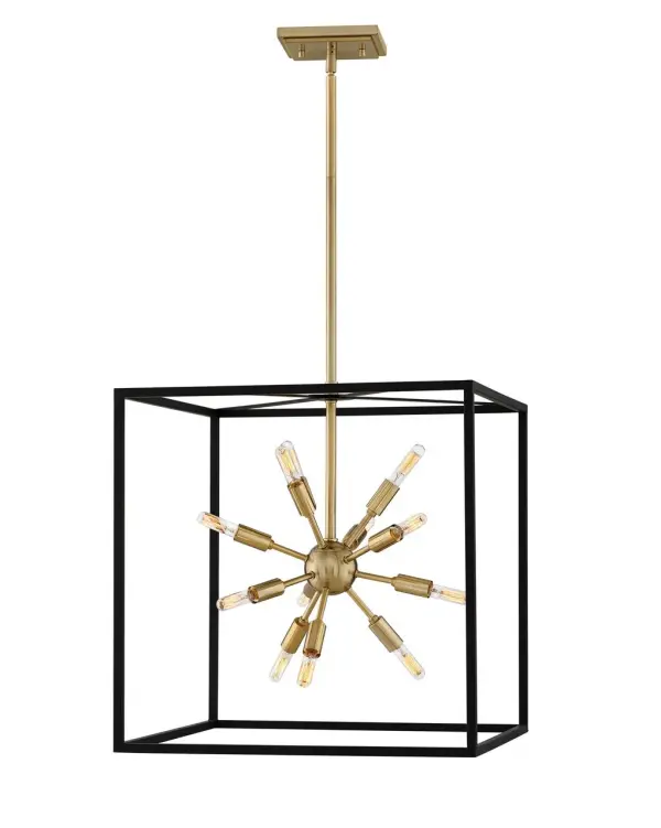 Some views are better than others. The striking Aros pendant showcases a provocative mid-century modern starburst cluster in a luxurious Warm Brass finish framed by an articulating, angular cage in prominent Black. For added drama, the sophisticated multi-tiered pendants dazzle with dimension to fill unique spaces or higher ceilings. Aros is part of the Lisa McDennon Collection. - alternate view