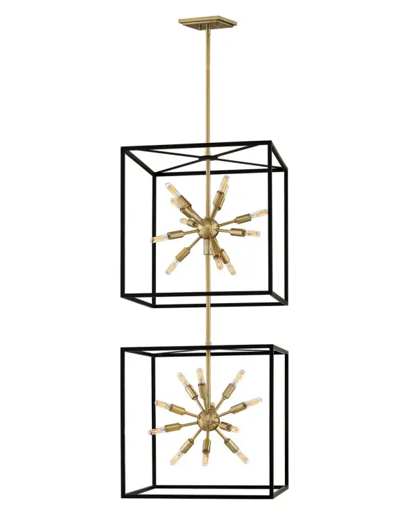 Some views are better than others. The striking Aros pendant showcases a provocative mid-century modern starburst cluster in a luxurious Warm Brass finish framed by an articulating, angular cage in prominent Black. For added drama, the sophisticated multi-tiered pendants dazzle with dimension to fill unique spaces or higher ceilings. Aros is part of the Lisa McDennon Collection.