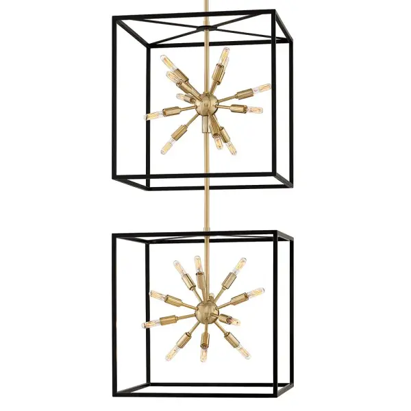 The striking Aros pendant showcases a provocative midcentury modern starburst cluster in a luxurious Warm Brass or Polished Nickel framed by an articulating, angular cage in prominent Black. For added drama, the sophisticated pendants dazzle with dimension to fill unique spaces or higher ceilings. Aros is part of the Lisa McDennon Collection. - alternate view