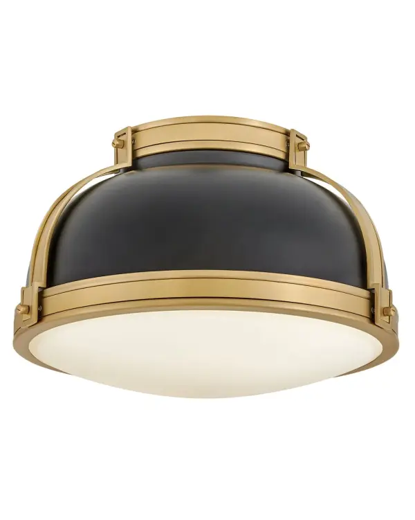 Timeless with a classic equestrian aesthetic, Barton’s metal dome shade with double-strap design is available in Black, Matte White, or Gloss White with Vivid Navy finishes complemented by Lacquered Brass and an Etched Opal glass diffuser.