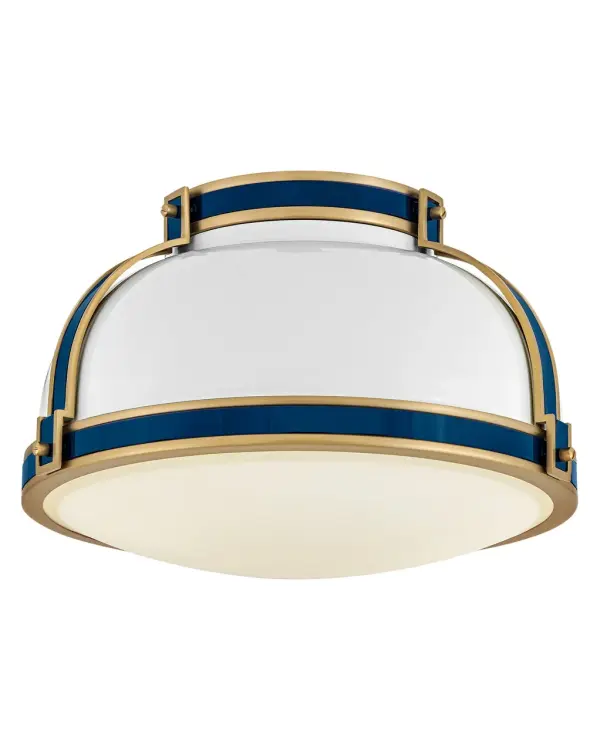 Timeless with a classic equestrian aesthetic, Barton’s metal dome shade with double-strap design is available in Black, Matte White, or Gloss White with Vivid Navy finishes complemented by Lacquered Brass and an Etched Opal glass diffuser.