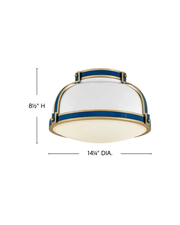 Timeless with a classic equestrian aesthetic, Barton’s metal dome shade with double-strap design is available in Black, Matte White, or Gloss White with Vivid Navy finishes complemented by Lacquered Brass and an Etched Opal glass diffuser. - alternate view