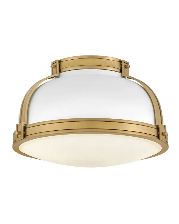 Timeless with a classic equestrian aesthetic, Barton’s metal dome shade with double-strap design is available in Black, Matte White, or Gloss White with Vivid Navy finishes complemented by Lacquered Brass and an Etched Opal glass diffuser.