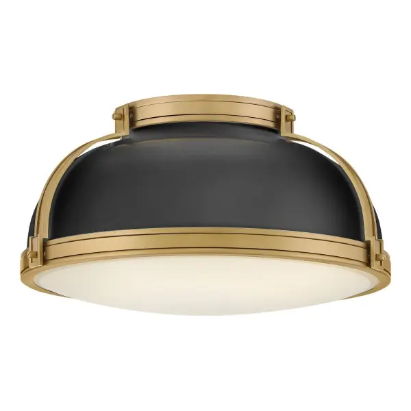 Timeless with a classic equestrian aesthetic, Barton’s metal dome shade with double-strap design is available in Black, Matte White, or Gloss White with Vivid Navy finishes complemented by Lacquered Brass and an Etched Opal glass diffuser.