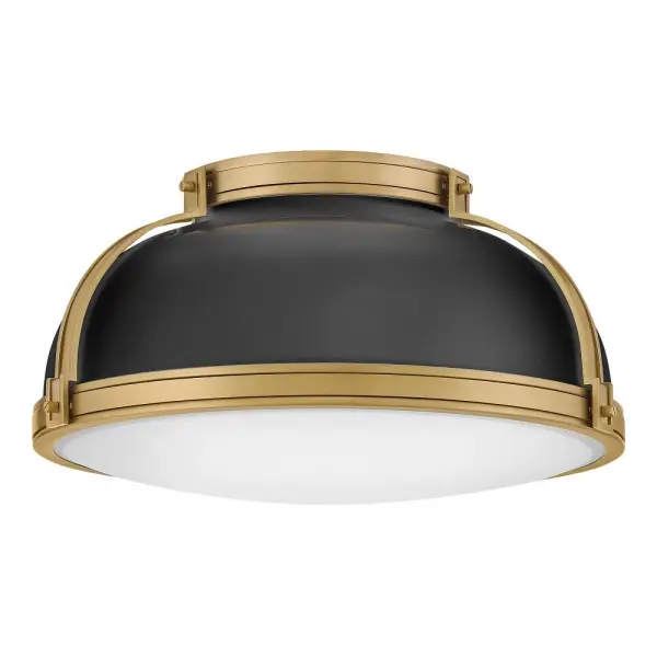 Timeless with a classic equestrian aesthetic, Barton’s metal dome shade with double-strap design is available in Black, Matte White, or Gloss White with Vivid Navy finishes complemented by Lacquered Brass and an Etched Opal glass diffuser. - alternate view