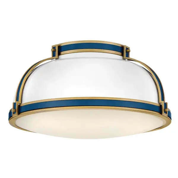 Timeless with a classic equestrian aesthetic, Barton’s metal dome shade with double-strap design is available in Black, Matte White, or Gloss White with Vivid Navy finishes complemented by Lacquered Brass and an Etched Opal glass diffuser.