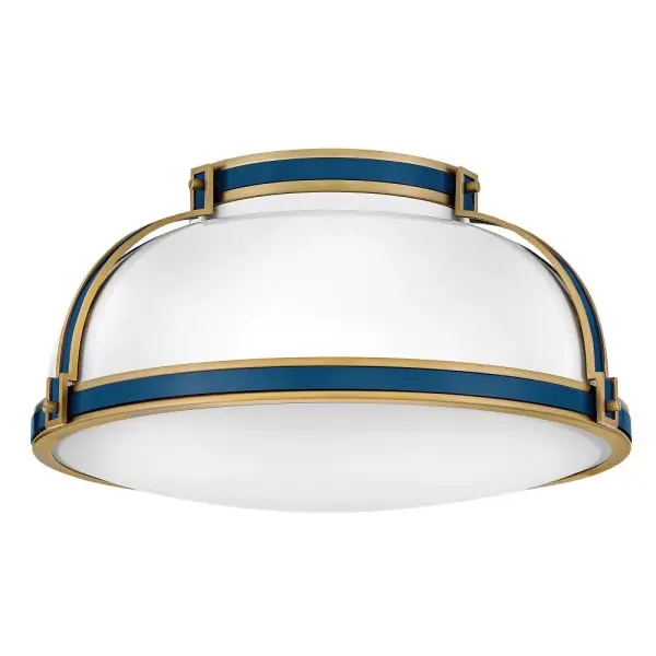 Timeless with a classic equestrian aesthetic, Barton’s metal dome shade with double-strap design is available in Black, Matte White, or Gloss White with Vivid Navy finishes complemented by Lacquered Brass and an Etched Opal glass diffuser. - alternate view