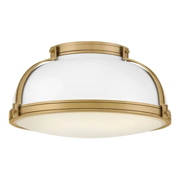 Timeless with a classic equestrian aesthetic, Barton’s metal dome shade with double-strap design is available in Black, Matte White, or Gloss White with Vivid Navy finishes complemented by Lacquered Brass and an Etched Opal glass diffuser.