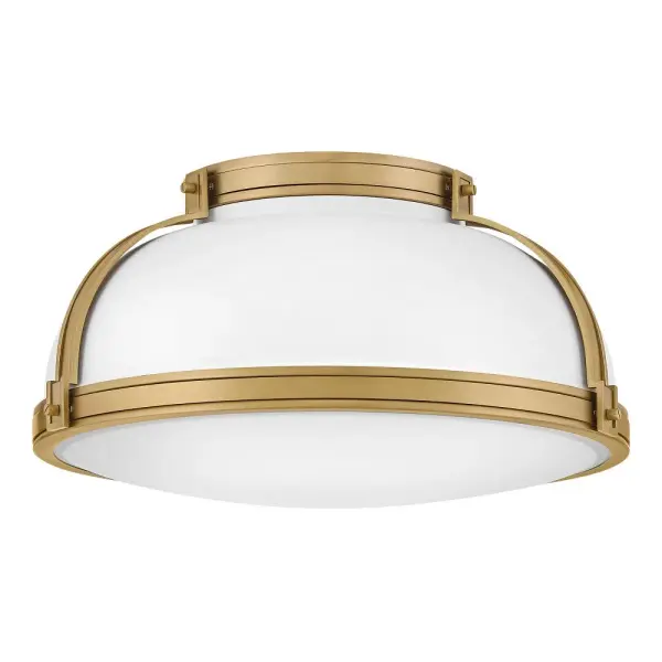 Timeless with a classic equestrian aesthetic, Barton’s metal dome shade with double-strap design is available in Black, Matte White, or Gloss White with Vivid Navy finishes complemented by Lacquered Brass and an Etched Opal glass diffuser. - alternate view