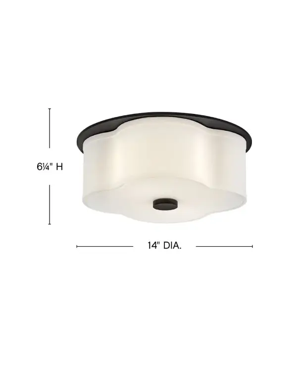 The curved quatrefoil silhouette of Delaney’s off-white linen shade elegantly complements traditional aesthetics. Etched glass softly diffuses light, while an oversized decorative canopy in Heritage Brass or Black provides a subtle contrast. - alternate view
