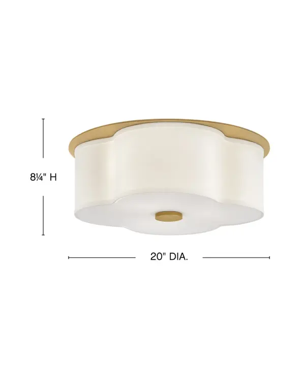 The curved quatrefoil silhouette of Delaney’s off-white linen shade elegantly complements traditional aesthetics. Etched glass softly diffuses light, while an oversized decorative canopy in Heritage Brass or Black provides a subtle contrast. - alternate view