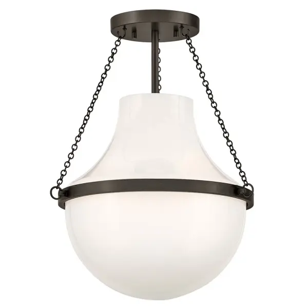 Fusing a sculpted, modern form with classically styled details, Collins features a transitional teardrop shade crafted from blown, Cased Opal glass. A central metal band and delicate chain uprights are available in Black Oxide, Heritage Brass, Heritage Bronze, or Polished Nickel finishes.