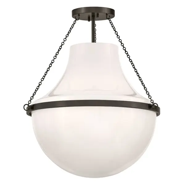 Fusing a sculpted, modern form with classically styled details, Collins features a transitional teardrop shade crafted from blown, Cased Opal glass. A central metal band and delicate chain uprights are available in Black Oxide, Heritage Brass, Heritage Bronze, or Polished Nickel finishes.