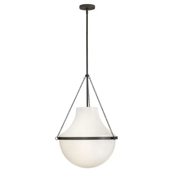 Fusing a sculpted, modern form with classically styled details, Collins features a transitional teardrop shade crafted from blown, Cased Opal glass. A central metal band and delicate chain uprights are available in Black Oxide, Heritage Brass, Heritage Bronze, or Polished Nickel finishes.