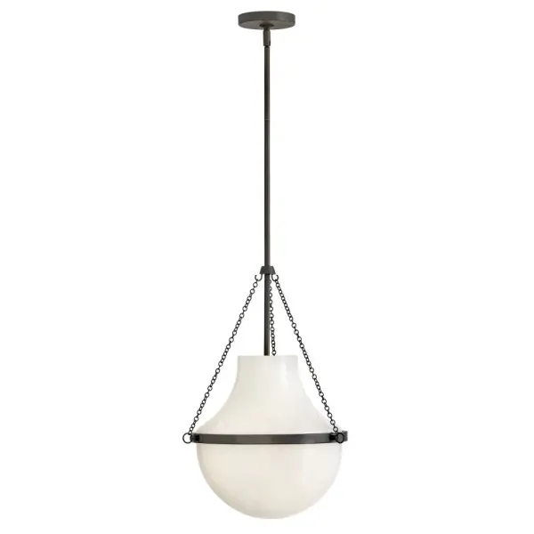 Fusing a sculpted, modern form with classically styled details, Collins features a transitional teardrop shade crafted from blown, Cased Opal glass. A central metal band and delicate chain uprights are available in Black Oxide, Heritage Brass, Heritage Bronze, or Polished Nickel finishes.
