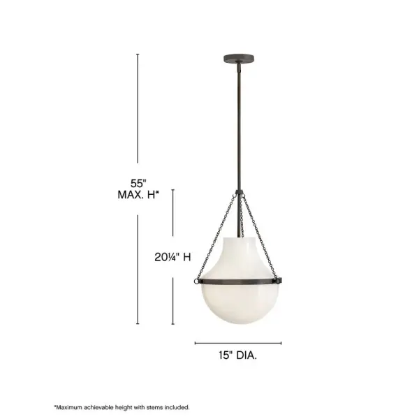 Fusing a sculpted, modern form with classically styled details, Collins features a transitional teardrop shade crafted from blown, Cased Opal glass. A central metal band and delicate chain uprights are available in Black Oxide, Heritage Brass, Heritage Bronze, or Polished Nickel finishes. - alternate view