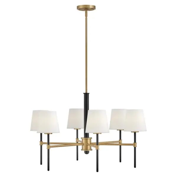 Saunders boasts a striking yet effortless appeal, blending traditional elements with captivating, midcentury modern details. A spoked silhouette and decorative stem holders are finished in Black and Lacquered Brass, paired with blown, etched opal glass shades.