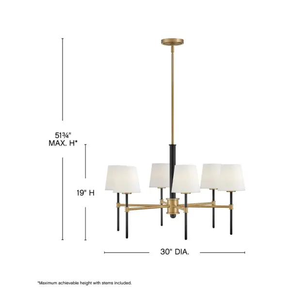 Saunders boasts a striking yet effortless appeal, blending traditional elements with captivating, midcentury modern details. A spoked silhouette and decorative stem holders are finished in Black and Lacquered Brass, paired with blown, etched opal glass shades. - alternate view