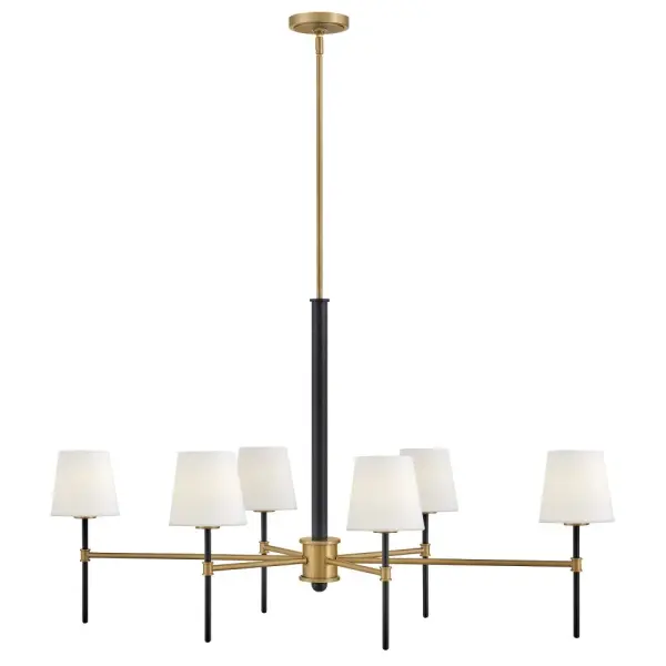 Saunders boasts a striking yet effortless appeal, blending traditional elements with captivating, midcentury modern details. A spoked silhouette and decorative stem holders are finished in Black and Lacquered Brass, paired with blown, etched opal glass shades.