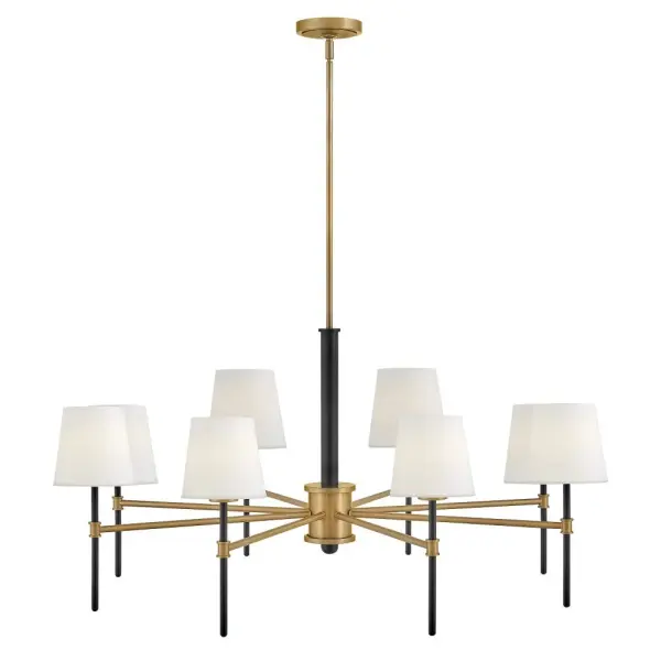 Saunders boasts a striking yet effortless appeal, blending traditional elements with captivating, midcentury modern details. A spoked silhouette and decorative stem holders are finished in Black and Lacquered Brass, paired with blown, etched opal glass shades.