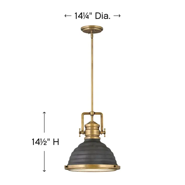 A modern interpretation of the hard-working factory pendant, Keating delivers a robust silhouette with prominent over scaled cast knobs and a boldly ribbed shade in either Heritage Brass or Heritage Brass with Aged Zinc finish options. Refined elements like the ring and knob trim detail and a flat glass lens add sophistication to this striking pendant. - alternate view