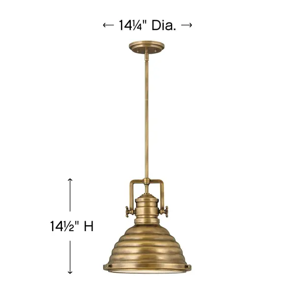 A modern interpretation of the hard-working factory pendant, Keating delivers a robust silhouette with prominent over scaled cast knobs and a boldly ribbed shade in either Heritage Brass or Heritage Brass with Aged Zinc finish options. Refined elements like the ring and knob trim detail and a flat glass lens add sophistication to this striking pendant. - alternate view