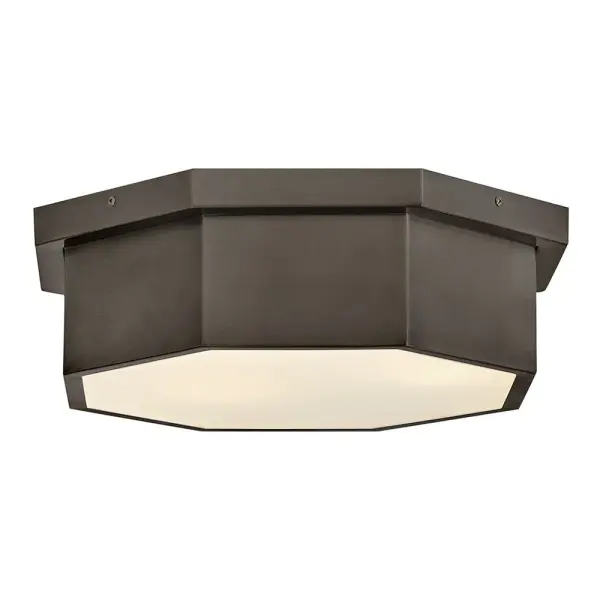 View the many sides of Facet. Interesting angles combine with bold metal features to create an edgy and contemporary profile that is unpretentious yet unforgettable. Hexagonal etched glass is showcased by Heritage Brass or Black Oxide finishes.