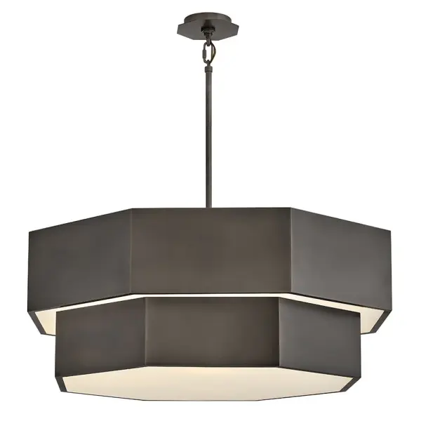 View the many sides of Facet. Interesting angles combine with bold metal features to create an edgy and contemporary profile that is unpretentious yet unforgettable. Hexagonal etched glass is showcased by Heritage Brass or Black Oxide finishes.
