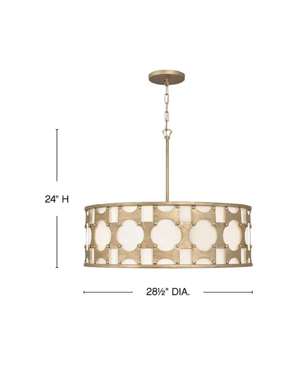 Carter is a traditional drum silhouette with details galore. An intricate, hand-riveted pattern in Burnished Gold encompasses the off-white textured fabric shade. A decorative candle cluster bursts within to further enhance this dynamic design. - alternate view
