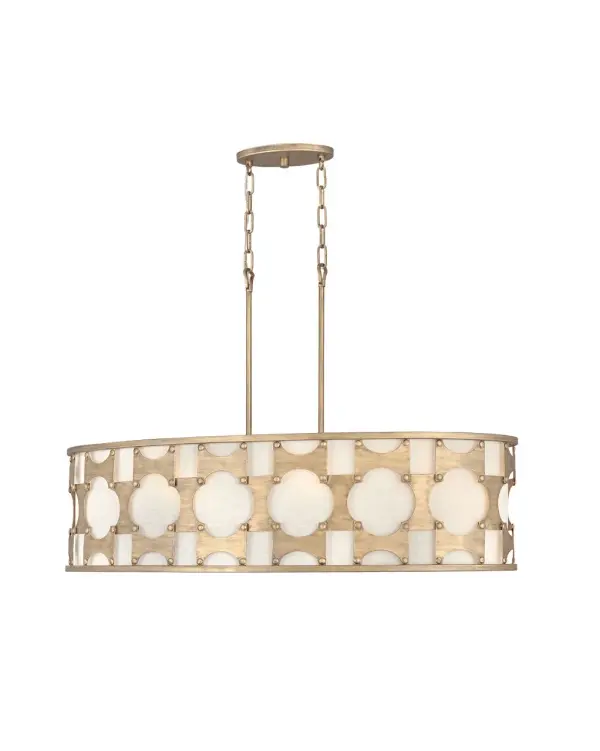 Carter is a traditional drum silhouette with details galore. An intricate, hand-riveted pattern in Burnished Gold encompasses the off-white textured fabric shade. A decorative candle cluster bursts within to further enhance this dynamic design.