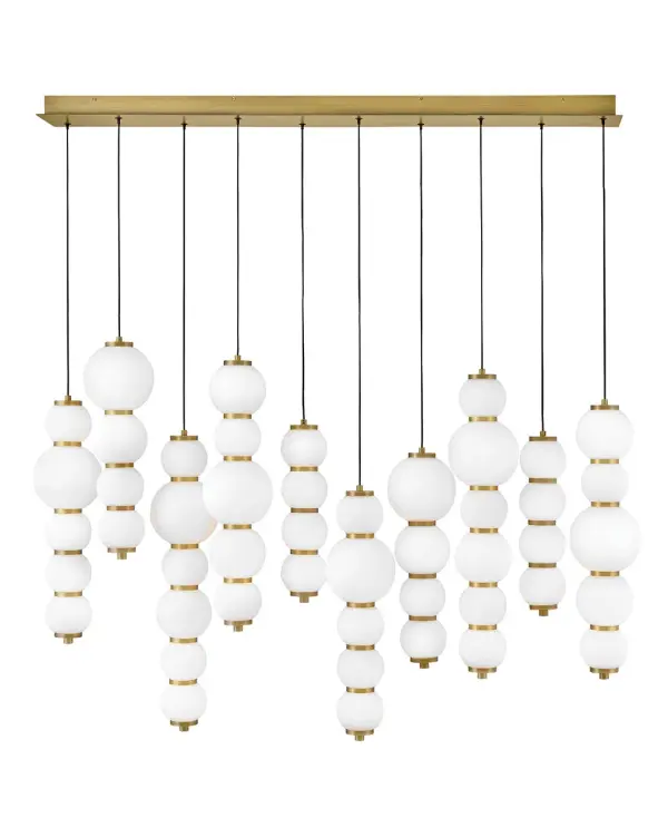 Inspired by the enduring allure of pearl jewelry, Trigo’s softly cascading silhouette makes a dramatic yet elegant statement. Glowing etched opal glass globes of varying sizes create a visual rhythm and organic flow that echo the natural imperfections and unique beauty found in genuine pearls. Differences between each globe add depth and movement, combining classic beauty with modern coastal design and offering a harmonious blend of tradition and innovation. - alternate view