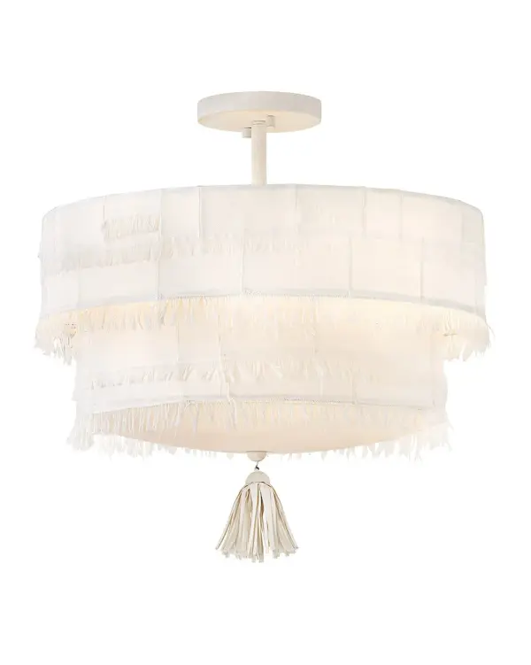 Taking a nod from current distressed fashions, Baya’s soft, hand-sewn patchwork shade creates a light and elegant feeling. Its coastal cottage style and chic texture make an artsy transitional statement complemented by a leather tassel, comfortable dimmable lamping, and a Textured Plaster finish.