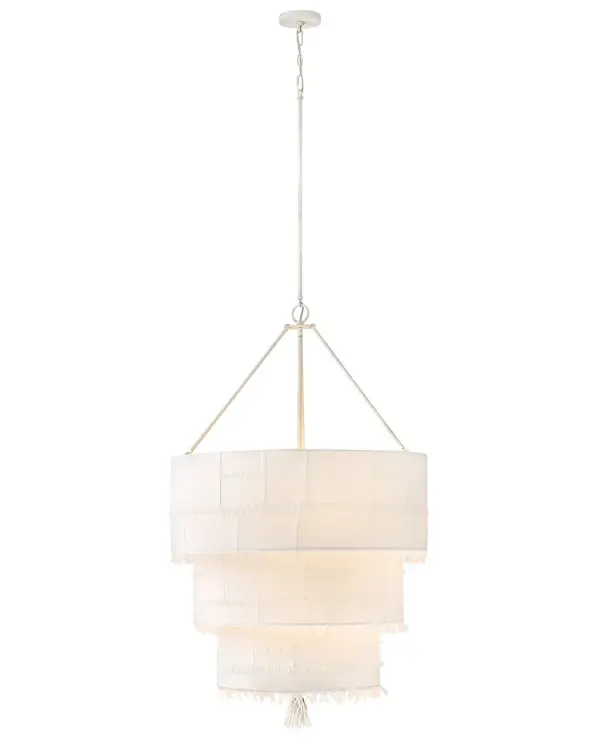 Taking a nod from current distressed fashions, Baya’s soft, hand-sewn patchwork shade creates a light and elegant feeling. Its coastal cottage style and chic texture make an artsy transitional statement complemented by a leather tassel, comfortable dimmable lamping, and a Textured Plaster finish.