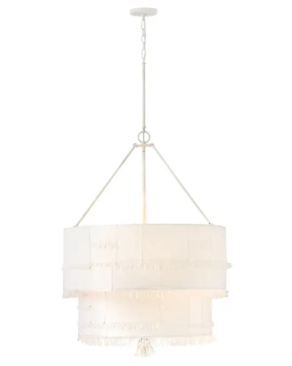 Taking a nod from current distressed fashions, Baya’s soft, hand-sewn patchwork shade creates a light and elegant feeling. Its coastal cottage style and chic texture make an artsy transitional statement complemented by a leather tassel, comfortable dimmable lamping, and a Textured Plaster finish.