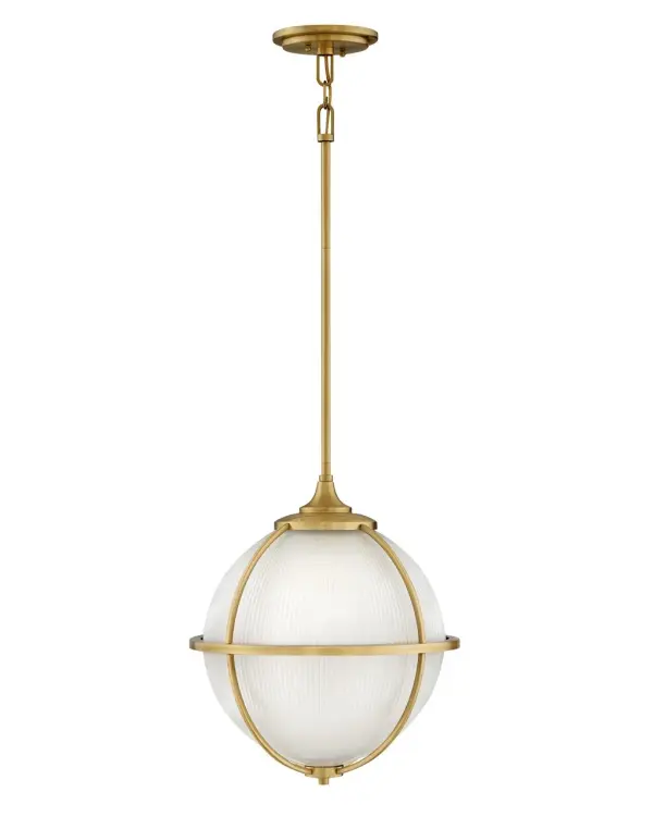 The Odeon LED Pendant brings Tribeca brasserie style home with its sculptural metal frame embracing an etched holophane sphere. Energy-efficient LED technology and warm satin brass finish create an inviting glow perfect for modern and transitional spaces. - alternate view