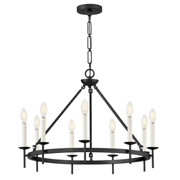 Traditional in the best way, Copley’s simple ring silhouette is topped with contrasting candle sleeves as an homage to classic chandelier styles. Exposed candelabra lamps glow with warm and inviting illumination, creating soft ambiance within grand gathering spaces.