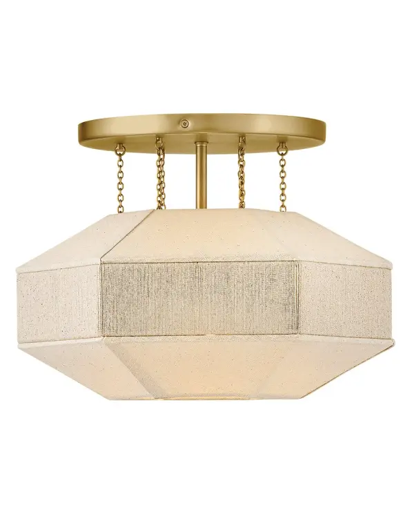 Elegant yet edgy, Lyla’s geometric Oatmeal Linen shade with a textured, wrapped middle band is suspended from refined Lacquered Brass micro-chains – inspired by delicate jewelry designs. A Lacquered Brass canopy, dimmable lamping, and etched white glass diffuser add subtle warmth and a sophisticated atmosphere to the surrounding space.