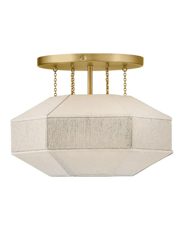 Elegant yet edgy, Lyla’s geometric Oatmeal Linen shade with a textured, wrapped middle band is suspended from refined Lacquered Brass micro-chains – inspired by delicate jewelry designs. A Lacquered Brass canopy, dimmable lamping, and etched white glass diffuser add subtle warmth and a sophisticated atmosphere to the surrounding space. - alternate view