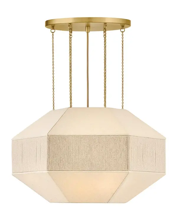 Elegant yet edgy, Lyla’s geometric Oatmeal Linen shade with a textured, wrapped middle band is suspended from refined Lacquered Brass micro-chains – inspired by delicate jewelry designs. A Lacquered Brass canopy, dimmable lamping, and etched white glass diffuser add subtle warmth and a sophisticated atmosphere to the surrounding space.