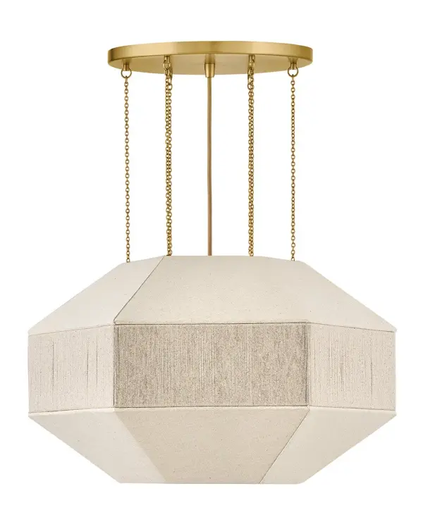 Elegant yet edgy, Lyla’s geometric Oatmeal Linen shade with a textured, wrapped middle band is suspended from refined Lacquered Brass micro-chains – inspired by delicate jewelry designs. A Lacquered Brass canopy, dimmable lamping, and etched white glass diffuser add subtle warmth and a sophisticated atmosphere to the surrounding space. - alternate view